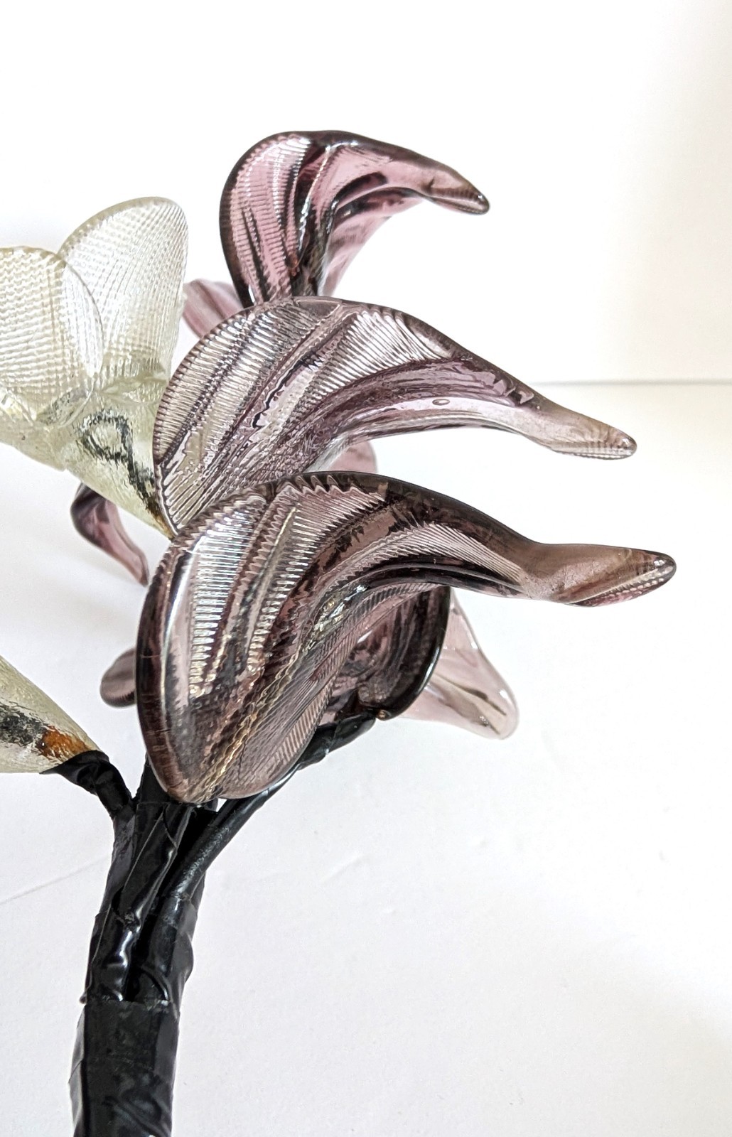 Vintage Hand Blown Glass Smoky Amethyst Flower Branches Set Of 3 Stalks MCM 15″