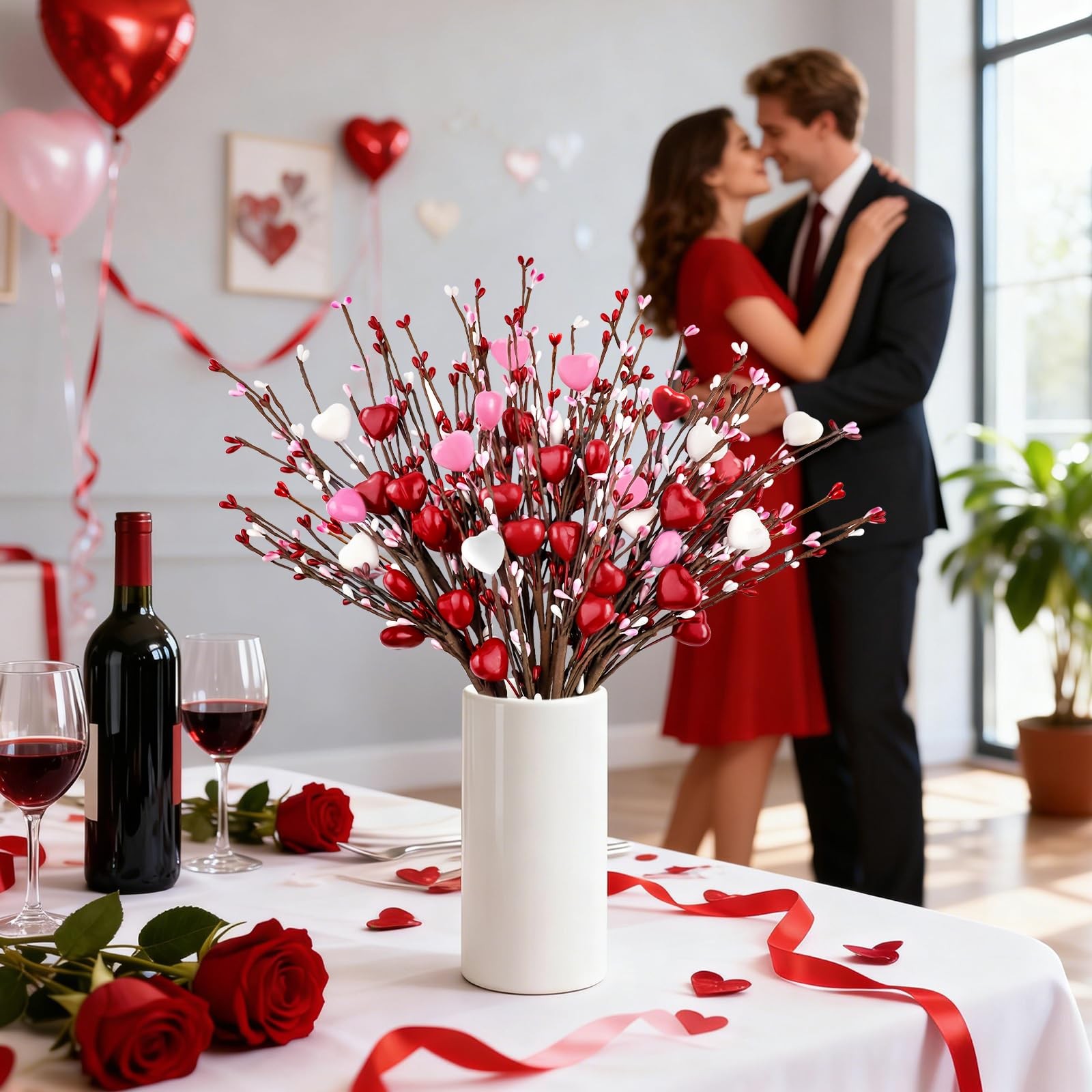 6 PCS Valentine Decor Red Pink White Heart Shaped Berry Picks 17 Inch Flowers