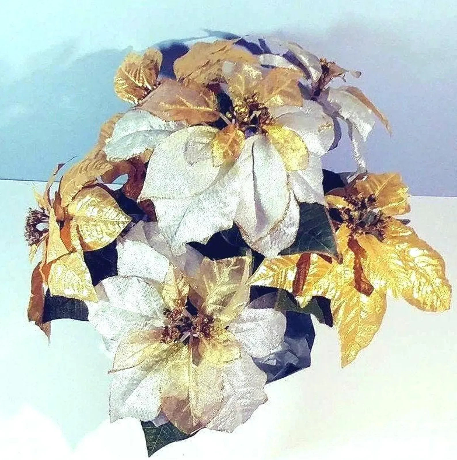 Fuax Potted Silk Poinsettia in Gold, Silver, & White Flowers Floral Centerpiece