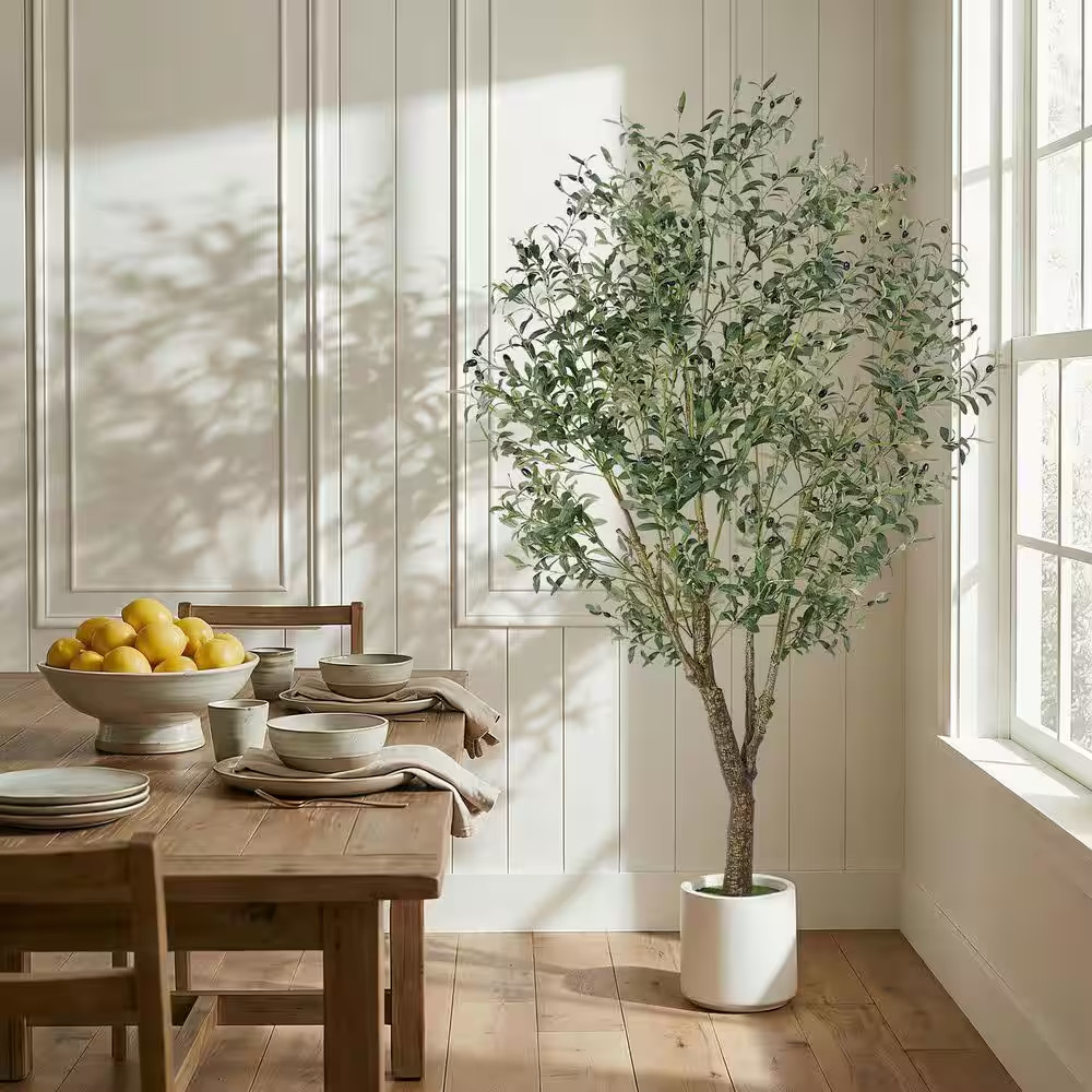 7 Ft. Artificial Olive Tree with Realistic Trunk, Faux Leaves and Fruits, White