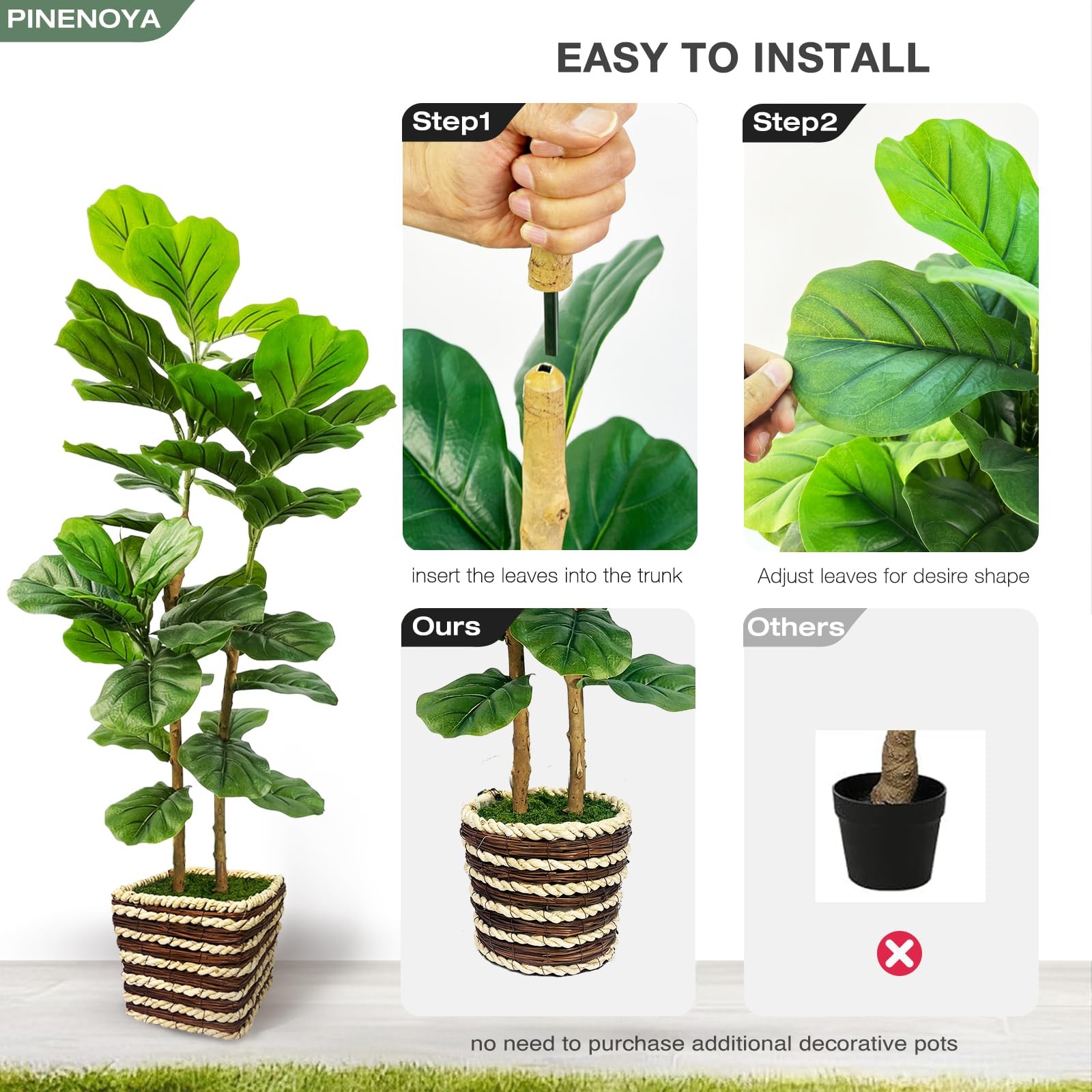 48 Inch Artificial Fiddle Leaf Fig Tree Indoor with Woven Basket – 4ft Tall F…