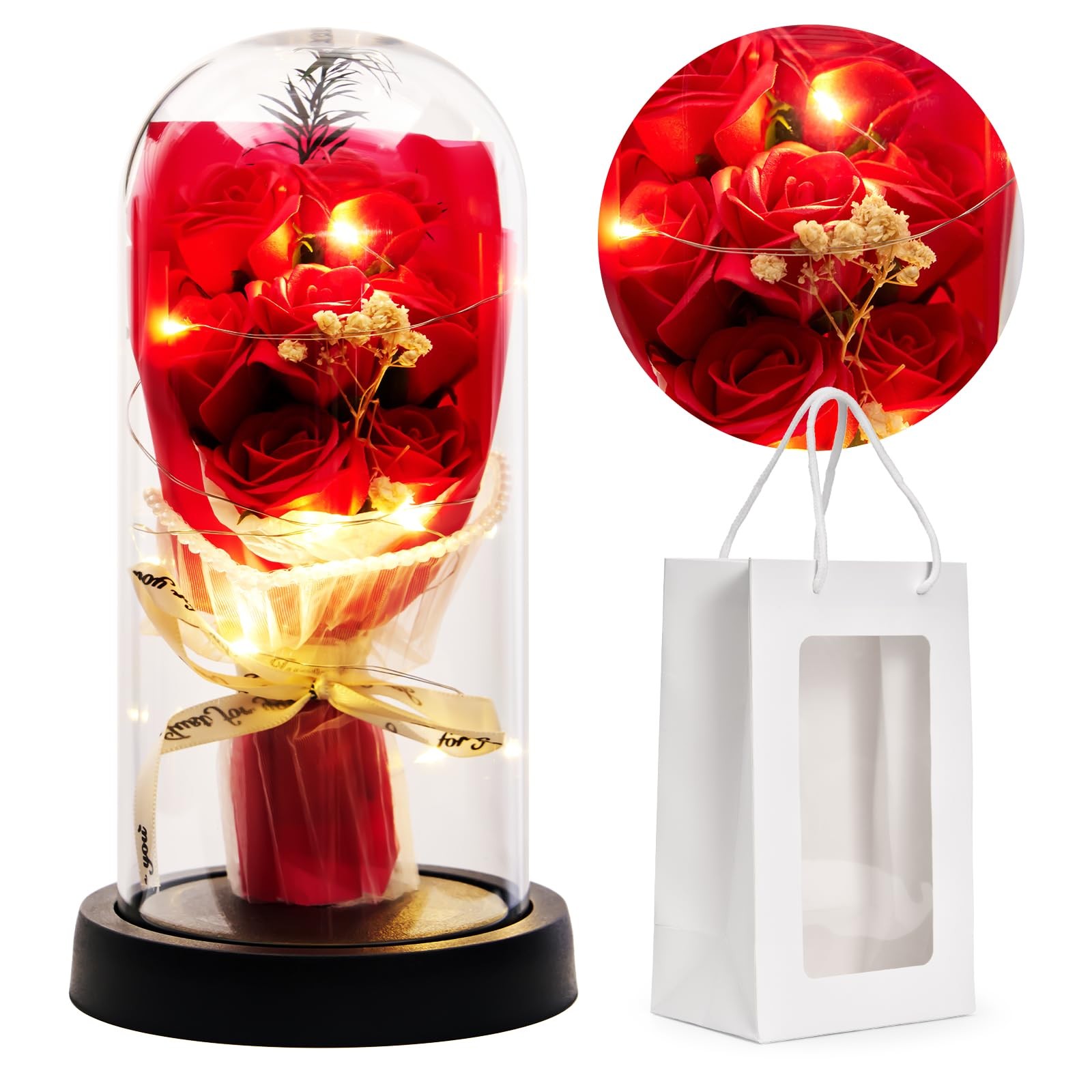 Forever Rose Light Up Preserved Red Rose in Glass Dome, Artificial Flower Gif…