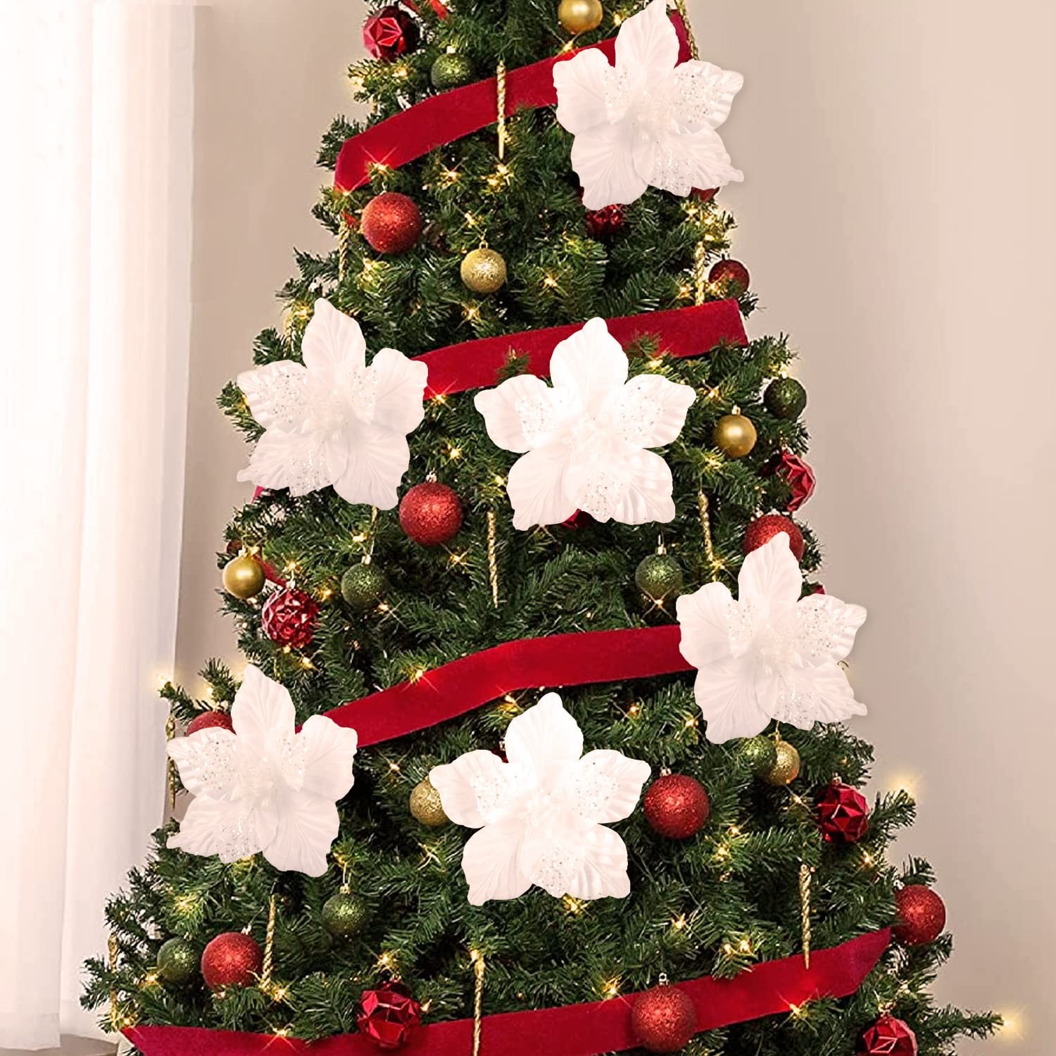6 PCS Chunky Glitter Christmas Flowers Large Velvet Poinsettia Ornaments White