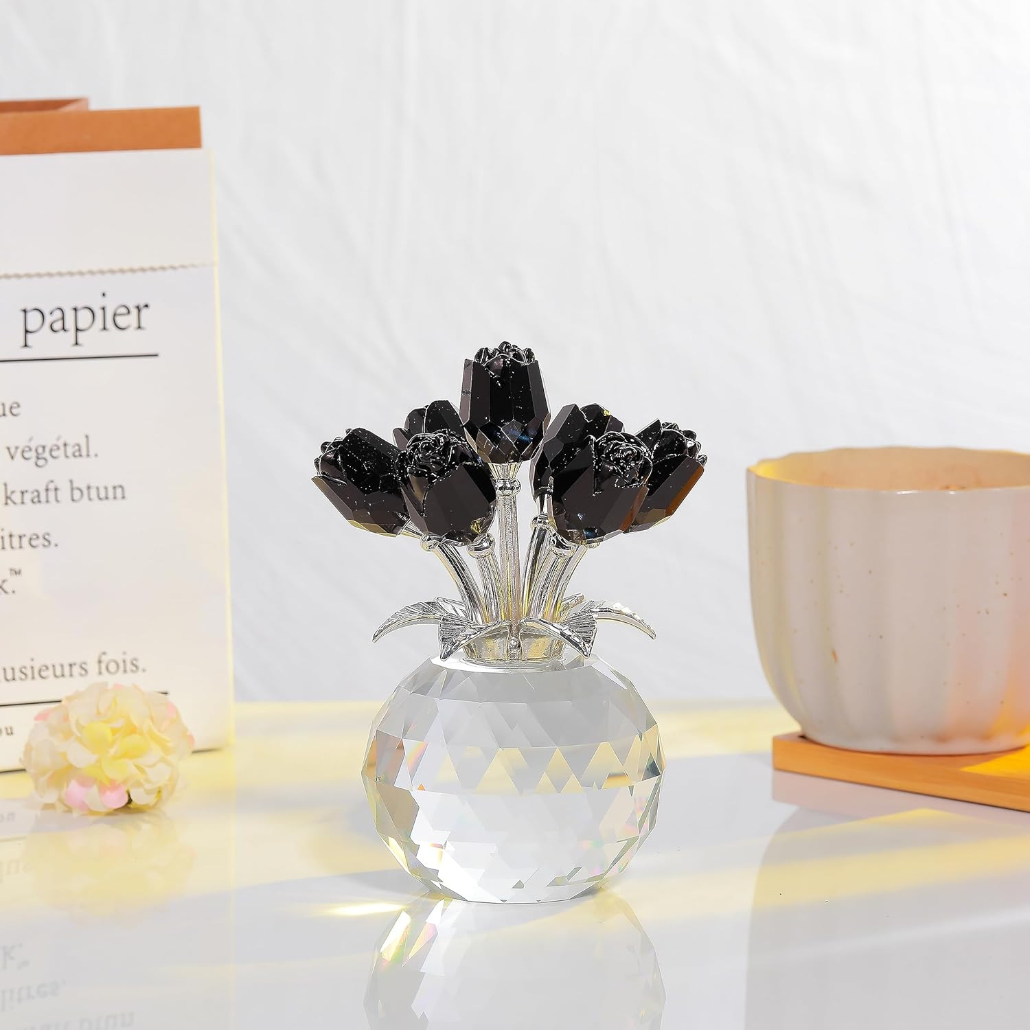 Black Rose Flower Crystal Figurine with Vase, Bouquet Flowers Gifts for Wife Gir