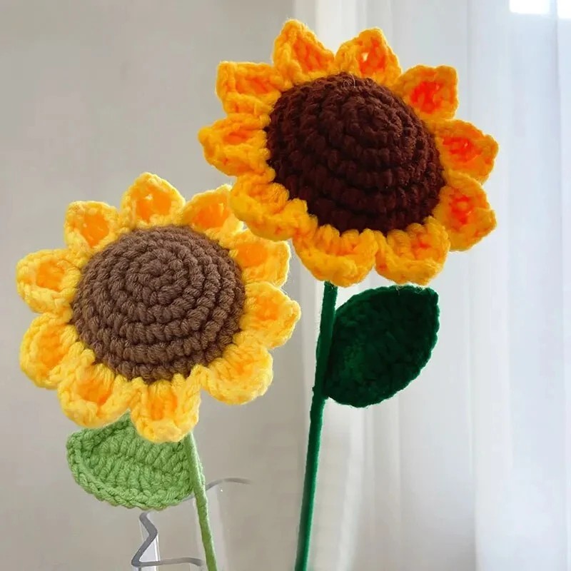 3 pcs Knitted Crochet Sunflower Flower, Handwoven Bouquet Flowers Girl Gift