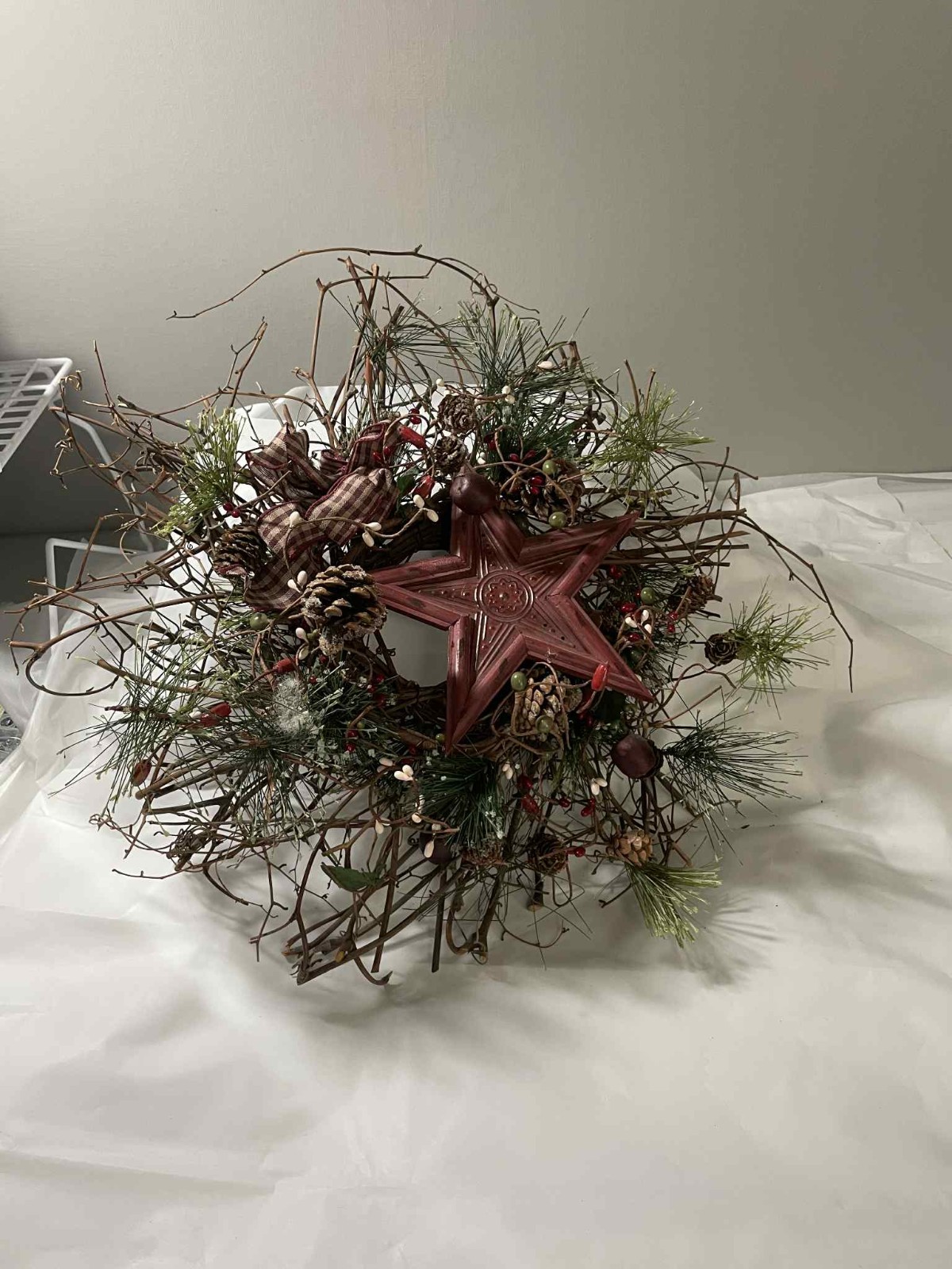 CHRISTMAS CLEARANCE!! Primitive Rustic Wreath W/ Maroon Ribbon And Metal Star