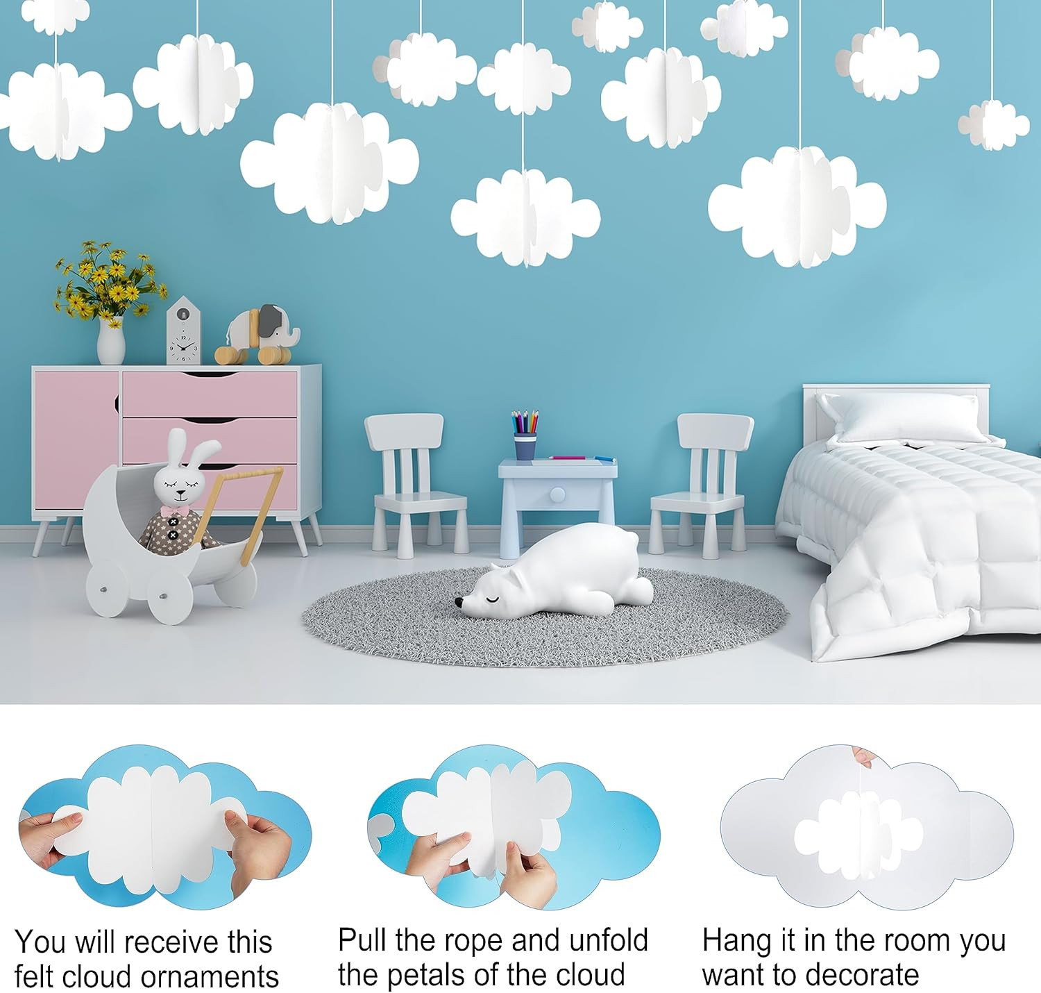 18 PCS 3D Cloud Decoration, Artificial Hanging Clouds for Ceiling, White Felt Or