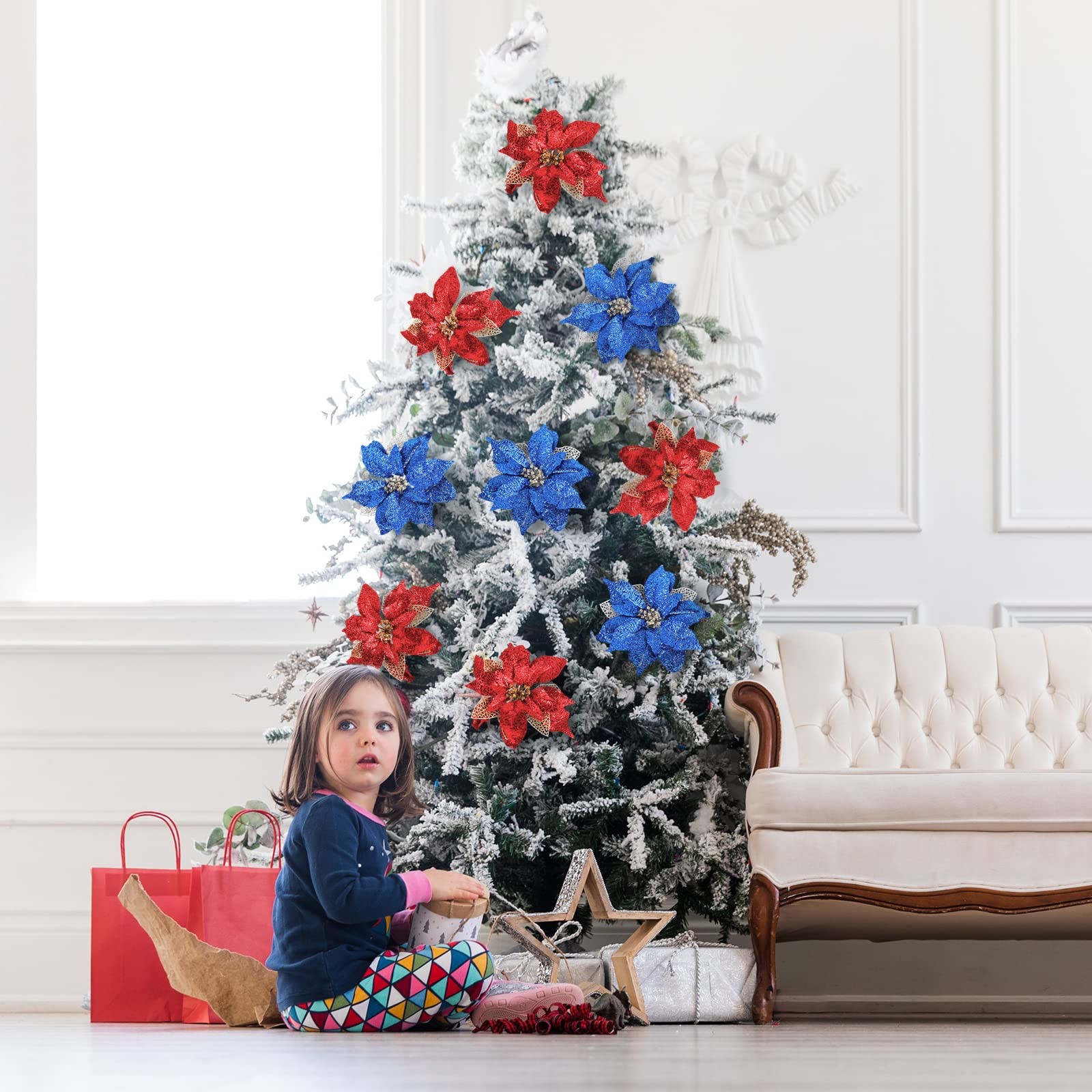 Blue Glitter Poinsettia Christmas Ornaments 12 PCS 9 Inch Artificial Flowers