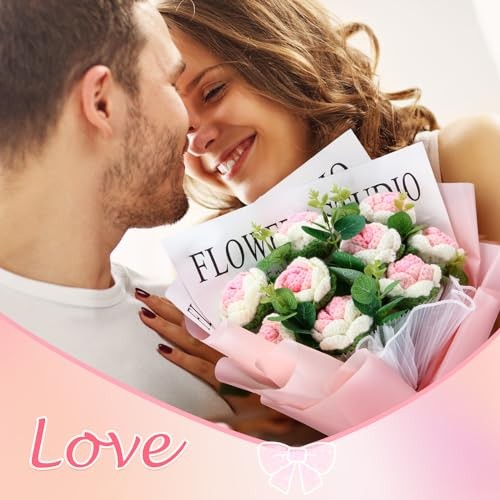 Valentine‘s Day LED Crochet Flowers Bouquet Light up Gradient White and Pink