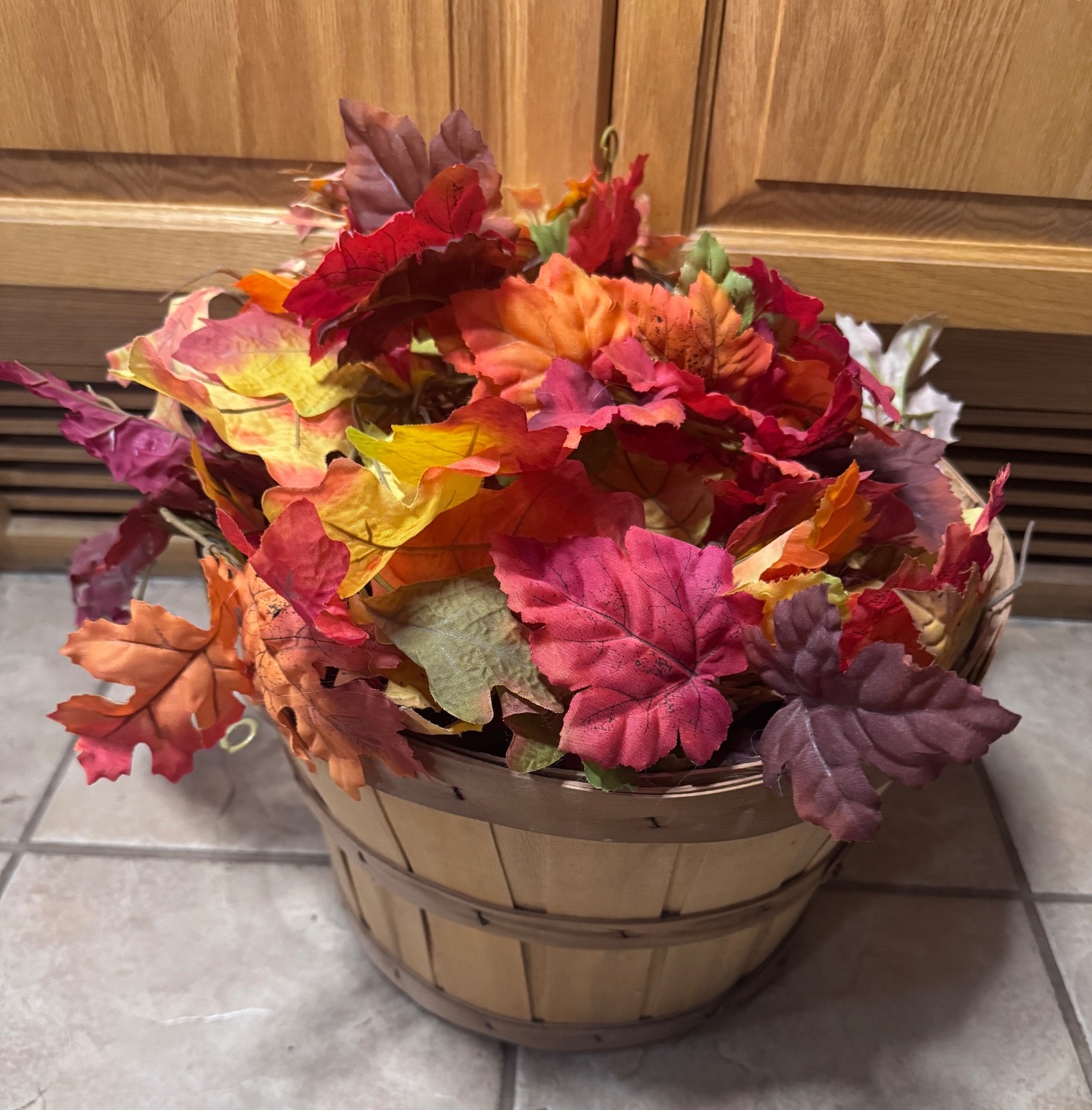 Fall Apple Picking Basket With Faux Fall Colorful Leaves Outdoor Decor