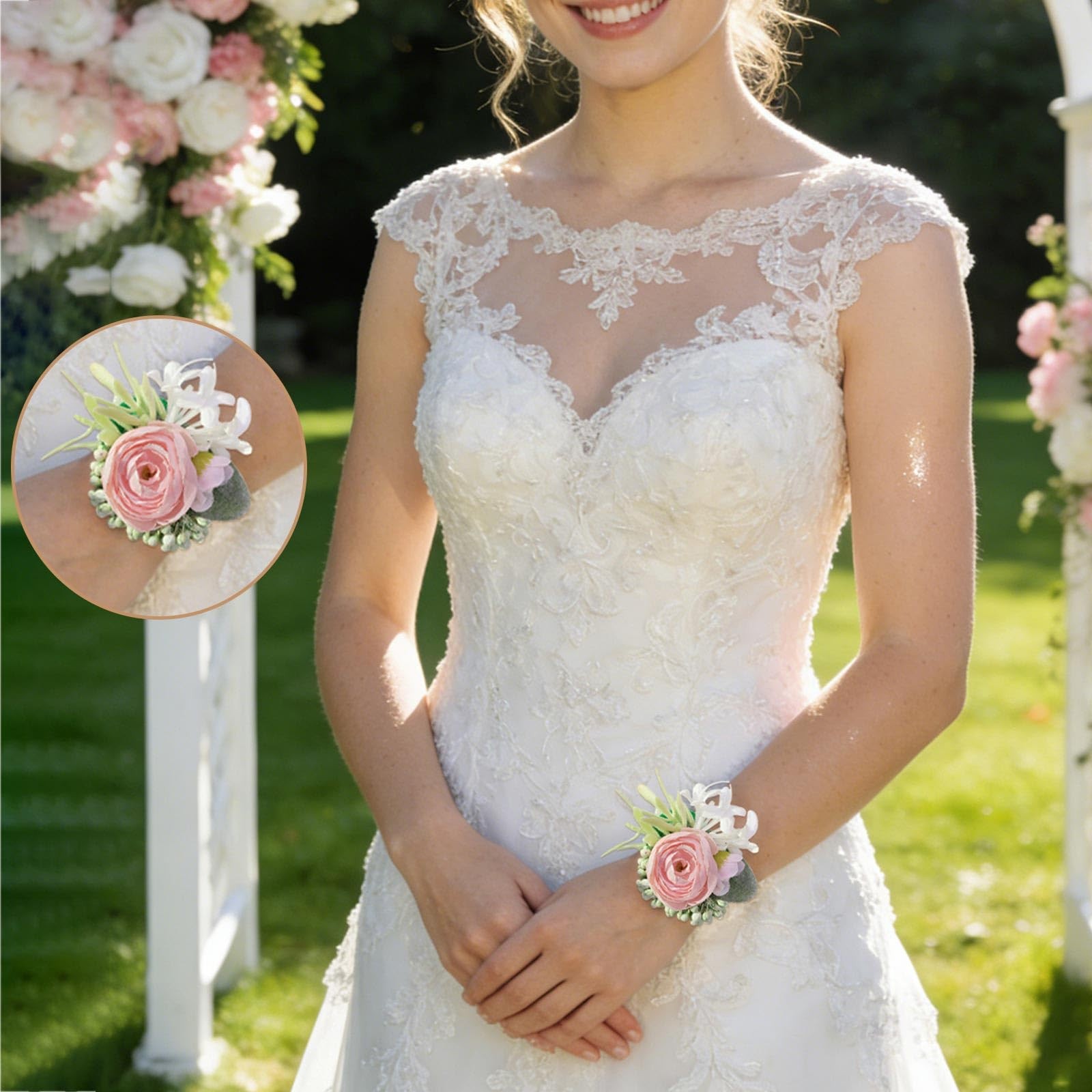 6 PCS Pink Rose Wrist Corsages Bride Bridesmaid Girls Hand Flowers Wedding