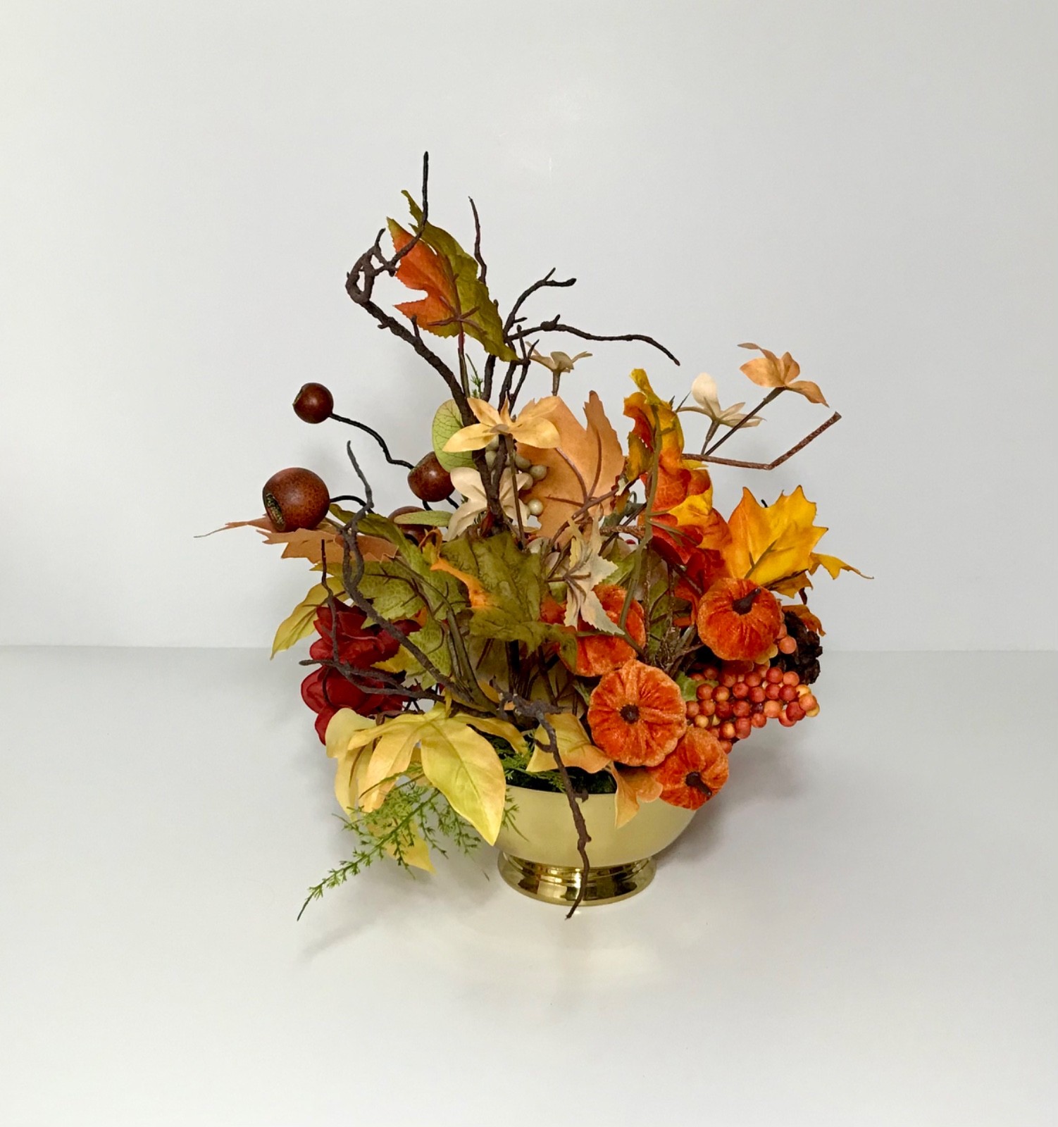 MODERN FALL HARVEST ARRANGEMENT BRASS CONTAINER THANKSGIVING CENTERPIECE TABLE