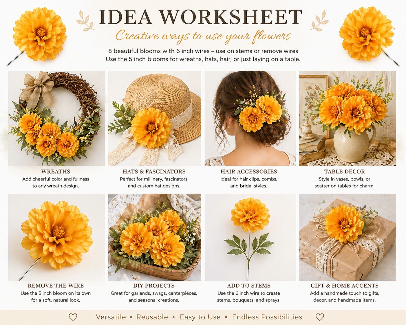 Yellow Peony Flower Picks Set of 8 Golden Yellow Blooms Wired Floral for Wreaths