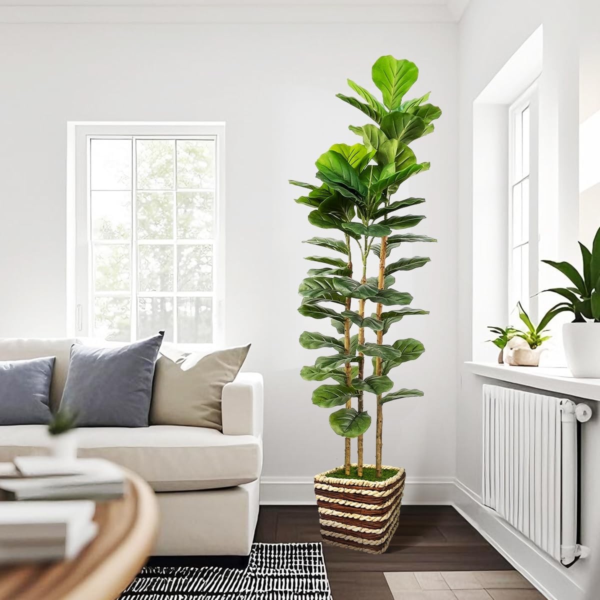 Artificial Fiddle Leaf Fig Tree Indoor with Woven Basket – 5ft Tall Fake Tree