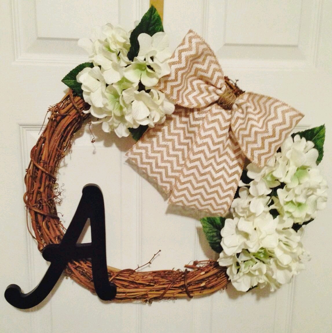 CUSTOM: Grape Vine Welcome Spring Monogram Wreath White Flowers and Chevron bow