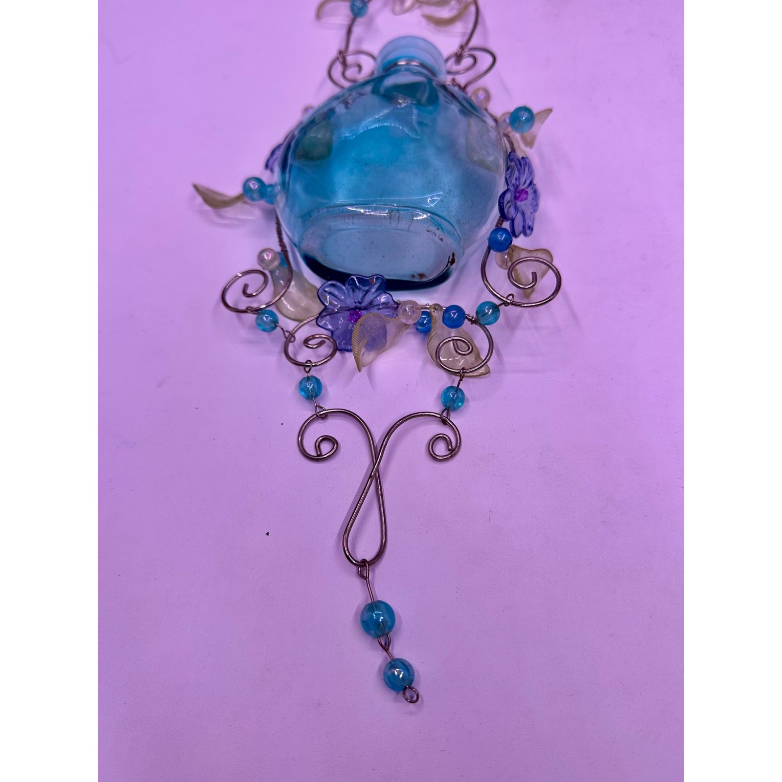 Vintage Blue Floral Glass Hanging Vase