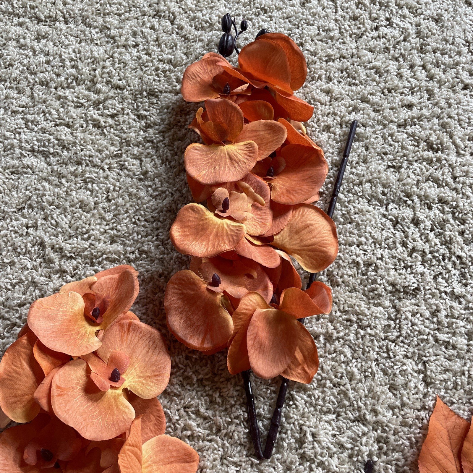 Artificial Silk Orchid Stems And Leaves – Orange