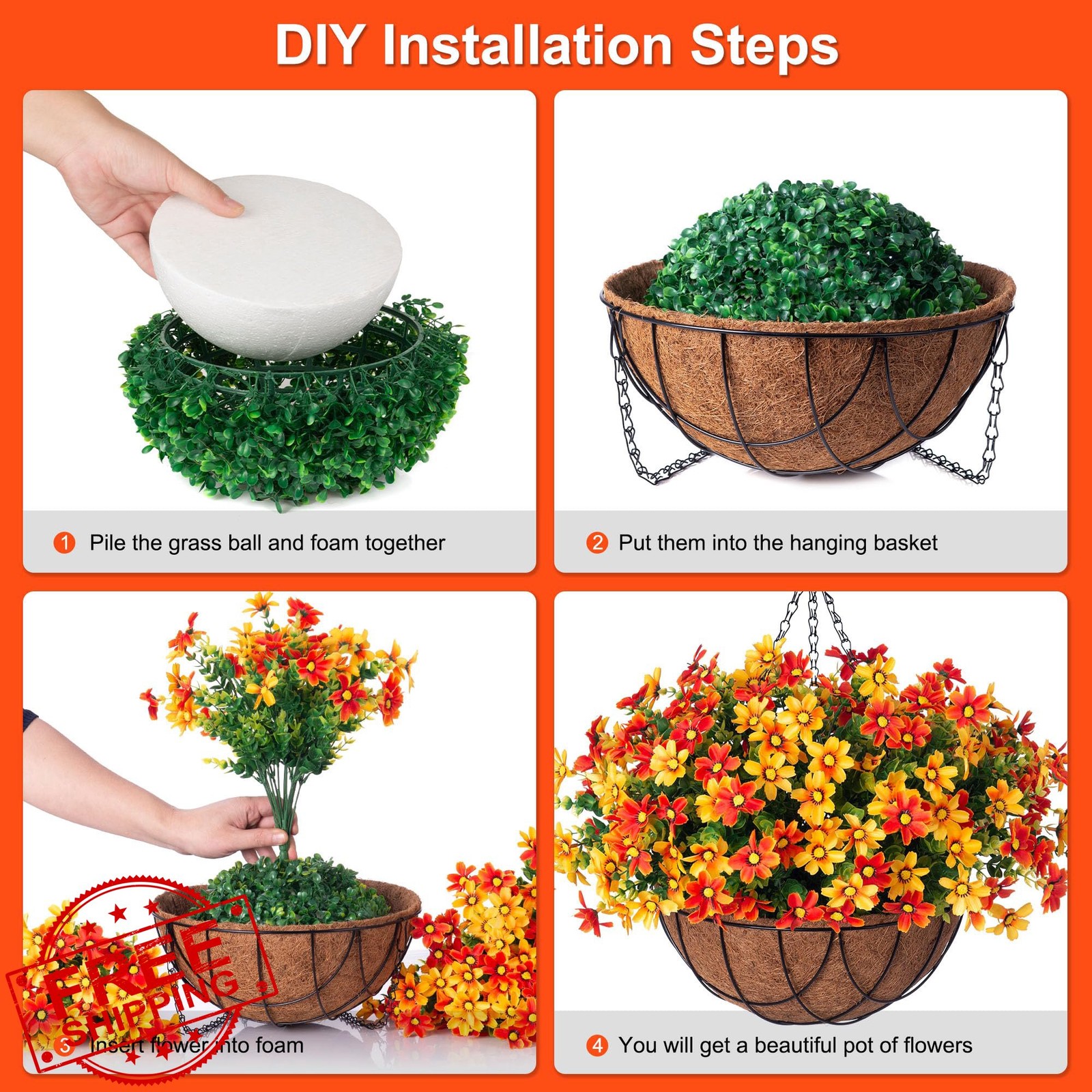INXUGAO Daisy Hanging Planter Outdoor Artificial Flowers UV Resistant Orange