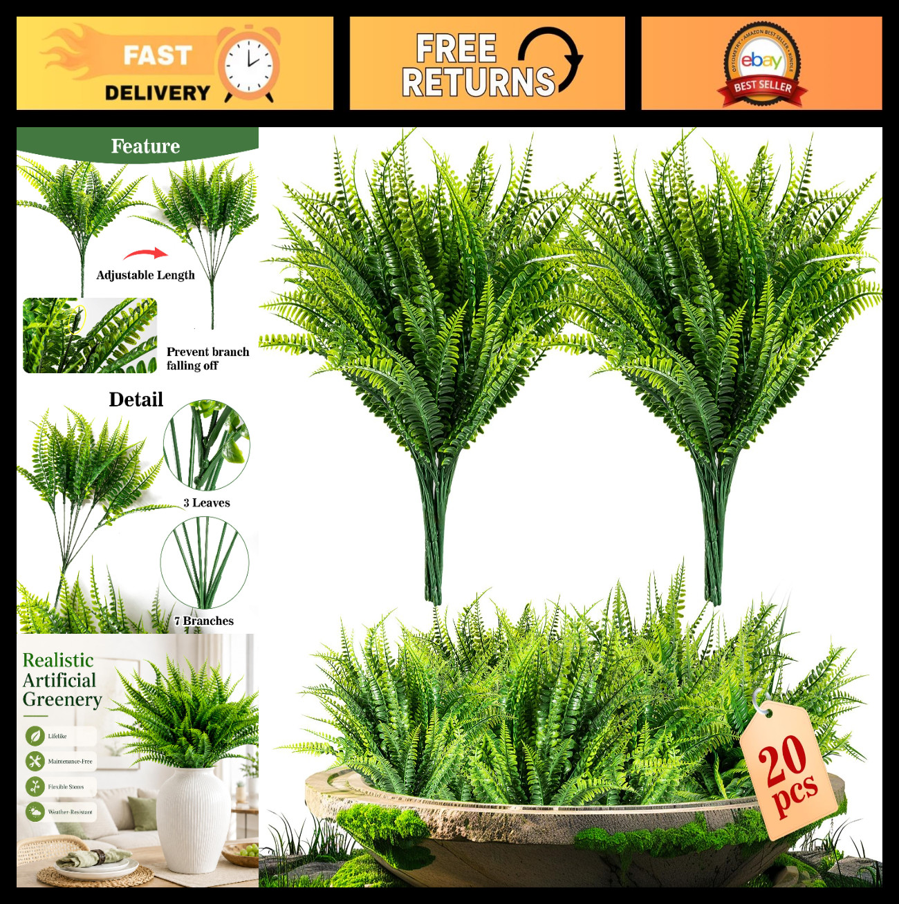 20PCS Artificial Boston Fern Stems – Realistic Faux Greenery for Home, Garden, P