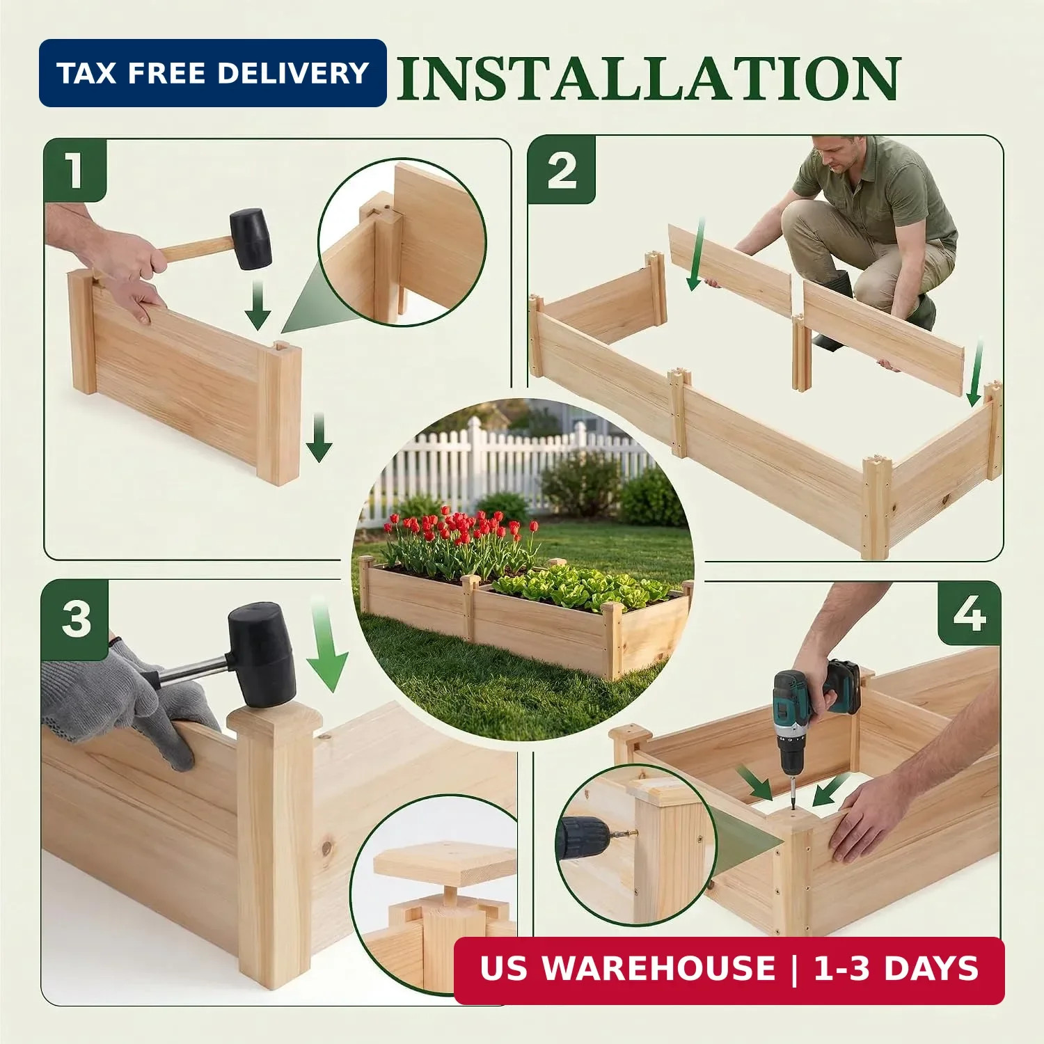 8×2ft Wooden Horticulture Raised Garden Bed Divisible Elevated Planting Planter