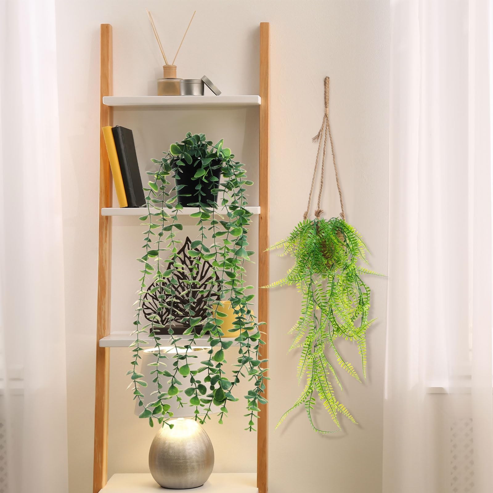 Summer Mini Hanging Artificial Plant with Woven Basket Boho Fake Plants Ivy F…