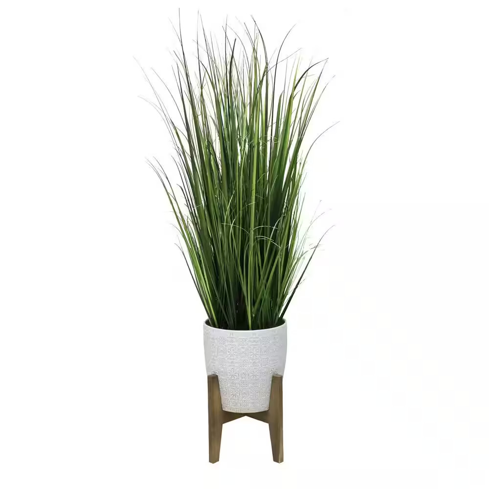 50 In. Artificial Onion Grass in 10 In. Cathdral Ceramic Pot on Stand