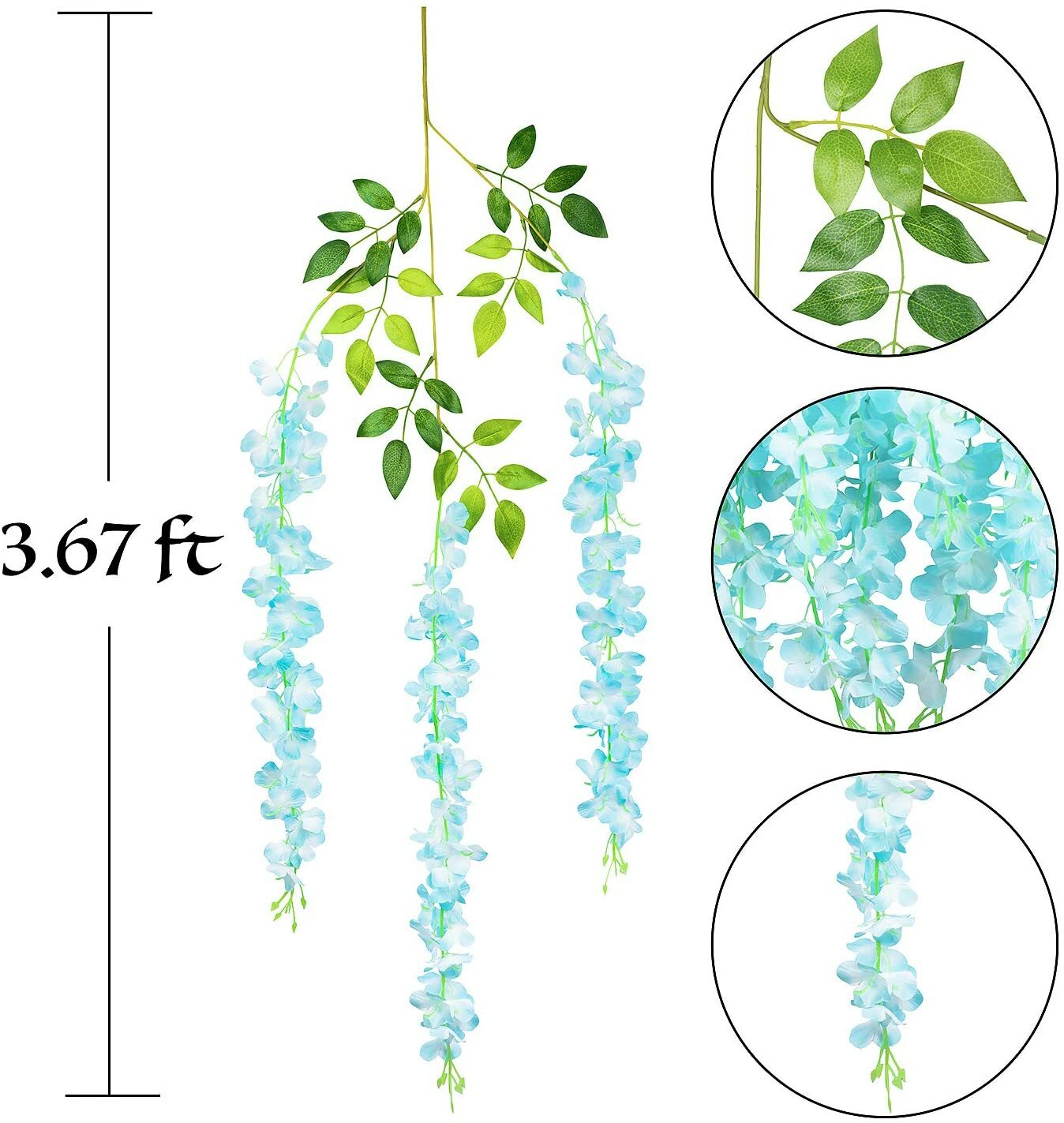 12Pcs 3.6ft Artificial Wisteria Vine Silk Blue Hanging Flower Wedding Home Decor