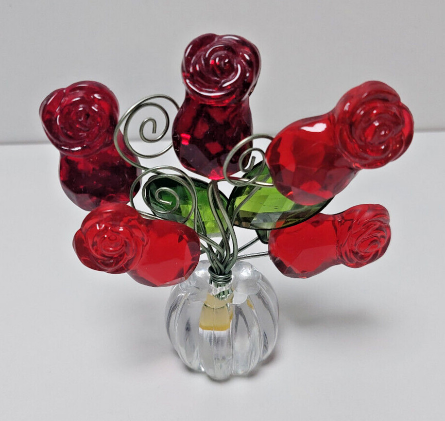 Vintage Acrylic Plastic Red Roses Flower Green Leaves Clear pot 4×4” Wire Stems
