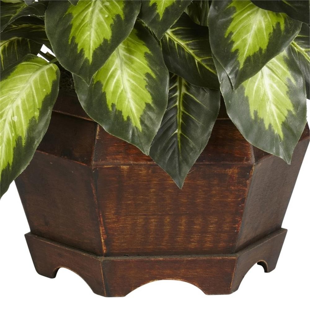 Pemberly Row 24″ Golden Dieffenbachia Silk Plant & Hexagon Base in Green/Brown