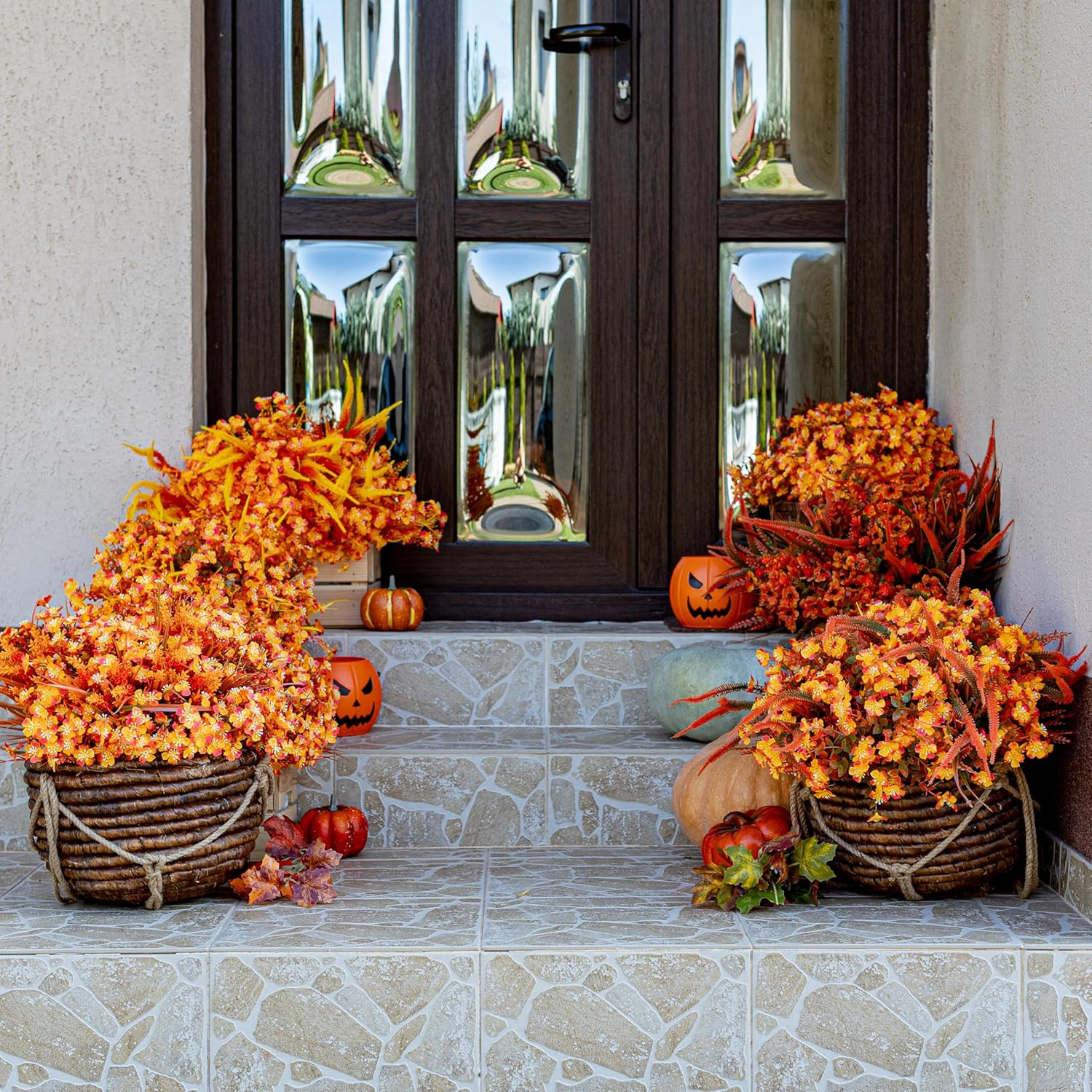 12 Bundles Artificial Fall Mums UV Resistant Fake Plant Porch Patio Decor Orange