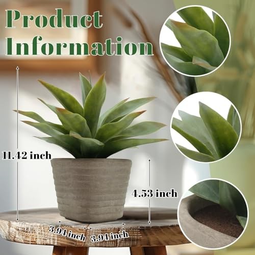 2 Pack Small Fake Agave Plants in Pulp Pot for Home Decor | Artificial 1 Green