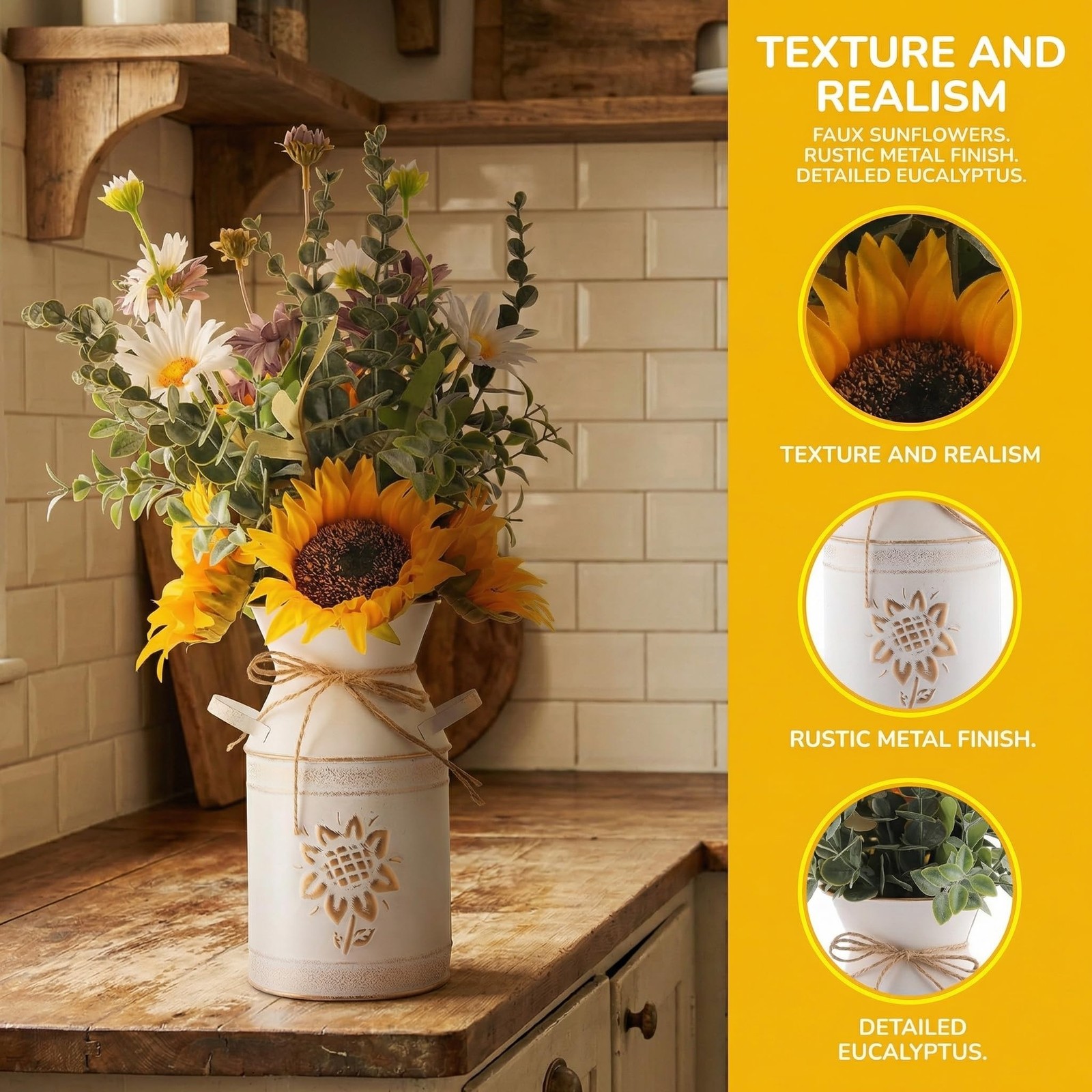 Yellow Artificial Sunflower Silk Flowers In Metal Vase Faux Kitchen Decor Gift