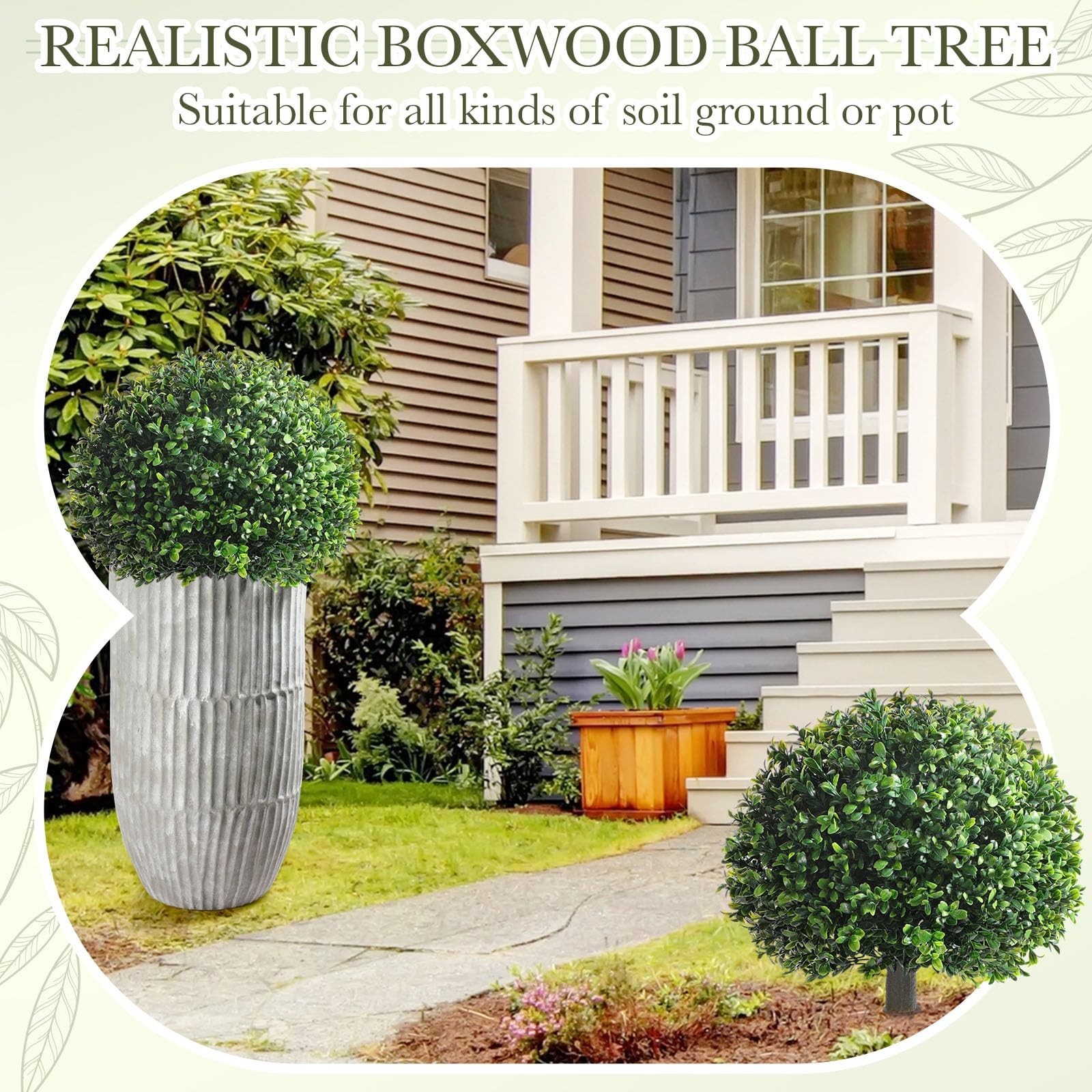 2 Pack 18″ Artificial Boxwood Ball Topiary Trees – UV Resistant Faux Plants for