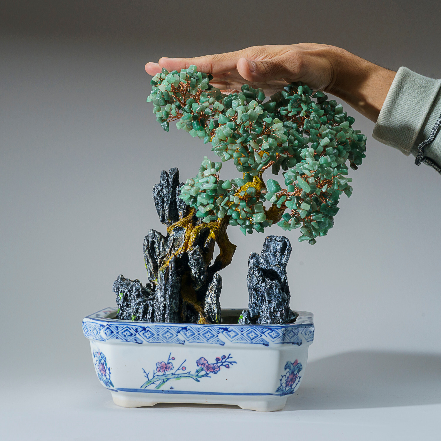 Genuine Green Aventurine Gemstone Bonsai Tree in Round Ceramic Pot (13”)
