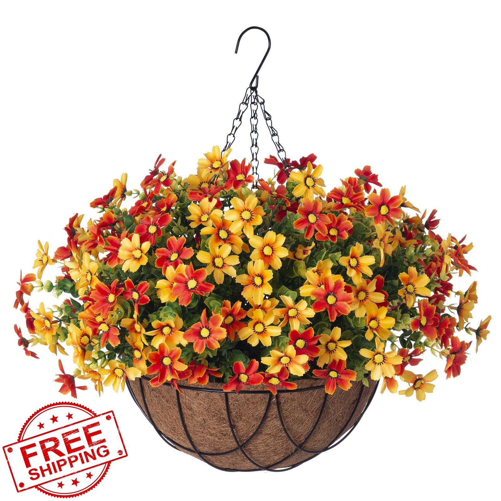 INXUGAO Daisy Hanging Planter Outdoor Artificial Flowers UV Resistant Orange