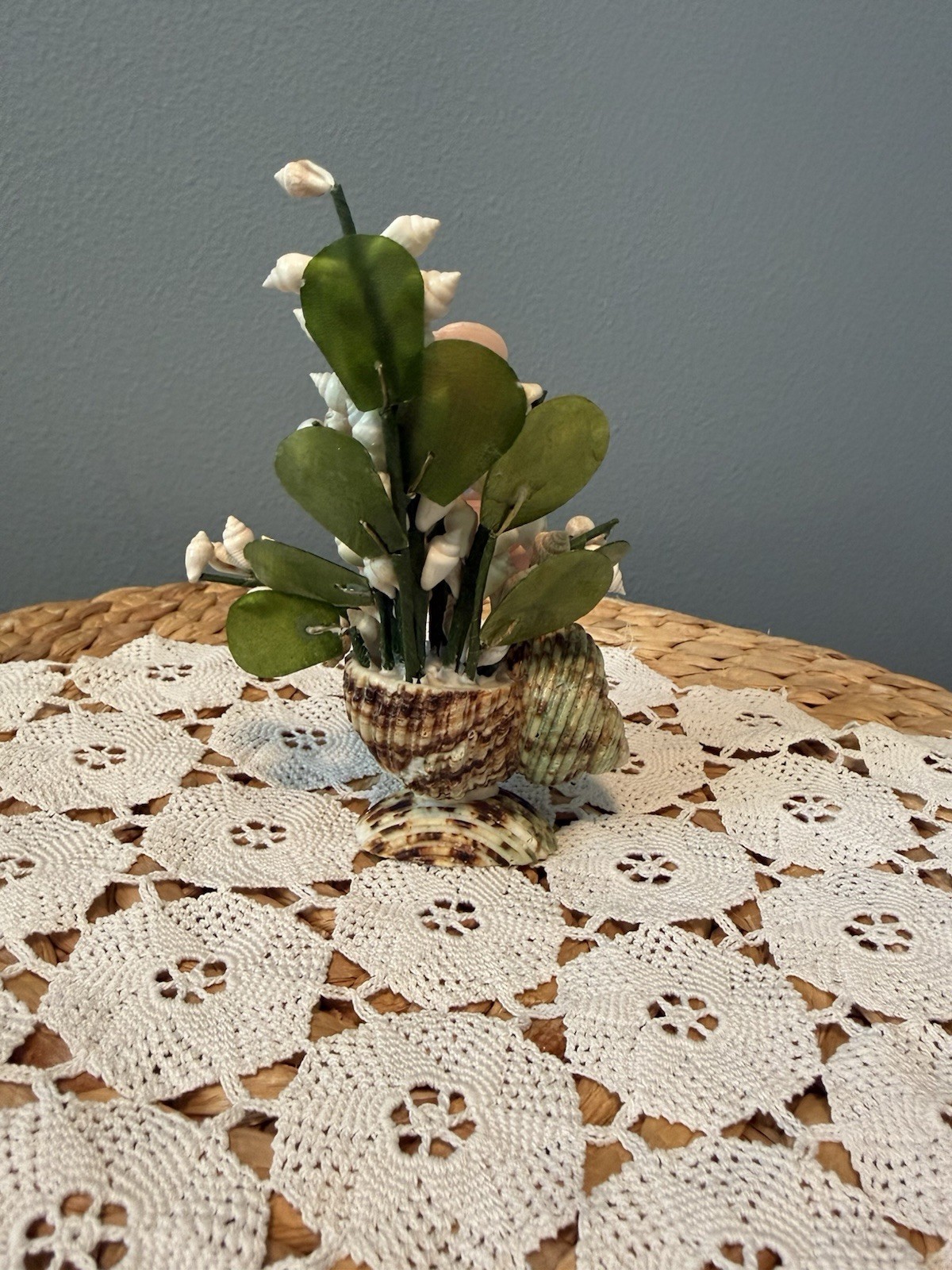 Vintage Pink Seashell Flower Arrangement Shell Art Floral Decor 6” Coastal Beach