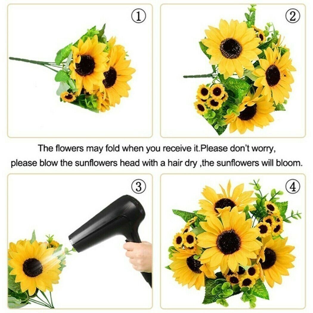 26-Head Artificial Yellow Sunflower Silk Bouquet Home Wedding Table Vase Decor
