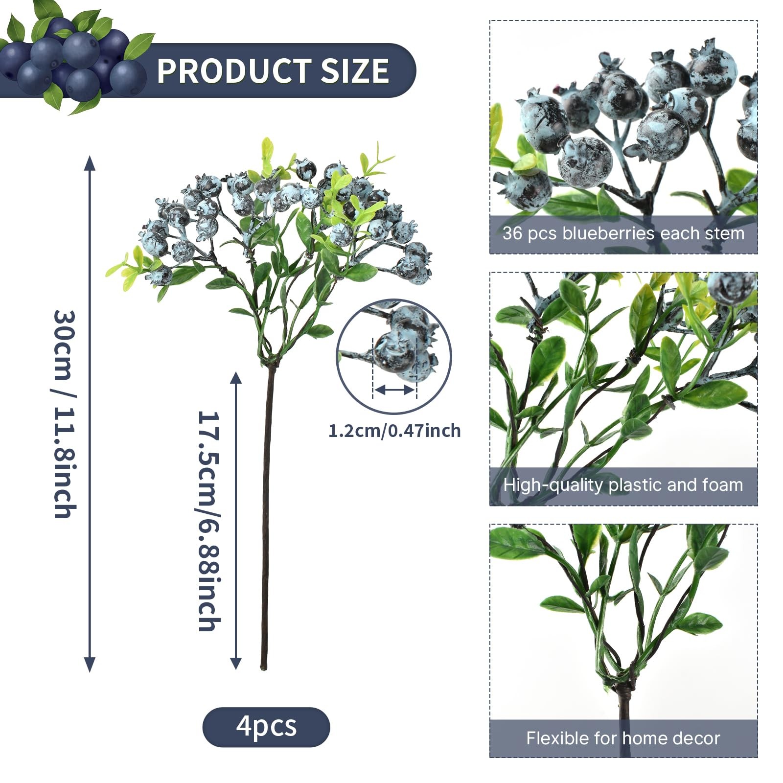Artificial Blueberry with Stems, 4 Pcs Faux Blueberries Fake Berries with For…