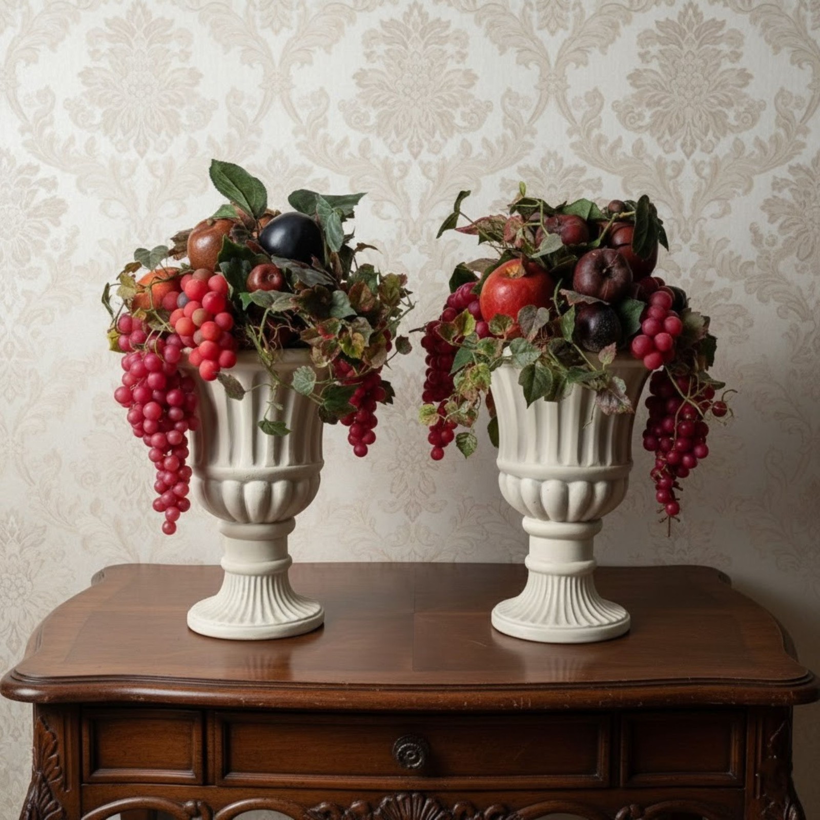 Vintage MCM Ceramic Urn Planters Neo Classical Regency Grapes Arrangements PAIR