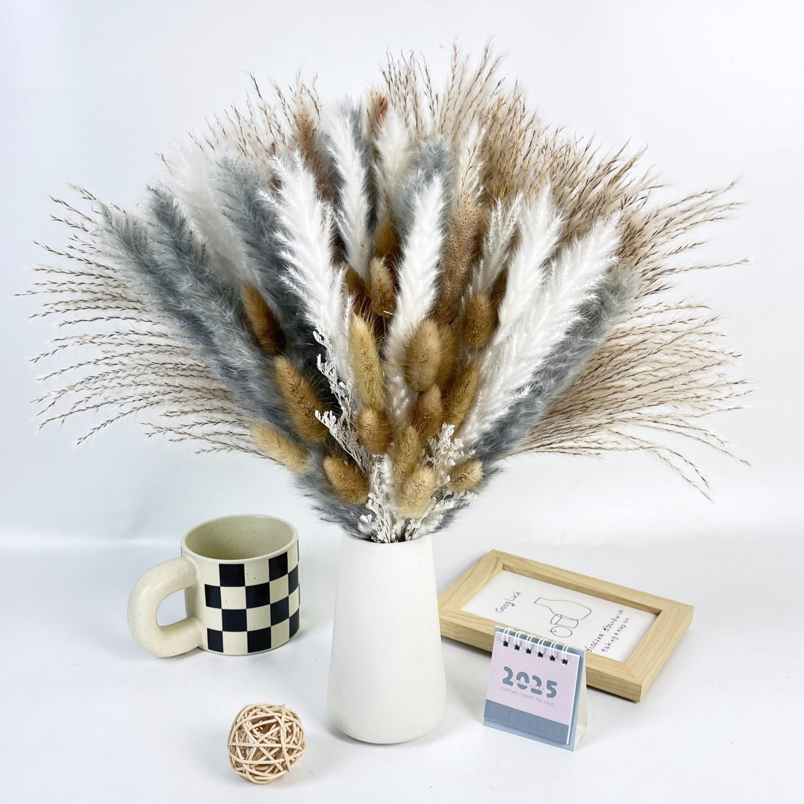 Boho Dried Flower Bouquet – 17″ Mixed Pampas Grass for Home & Wedding Decor, Cen