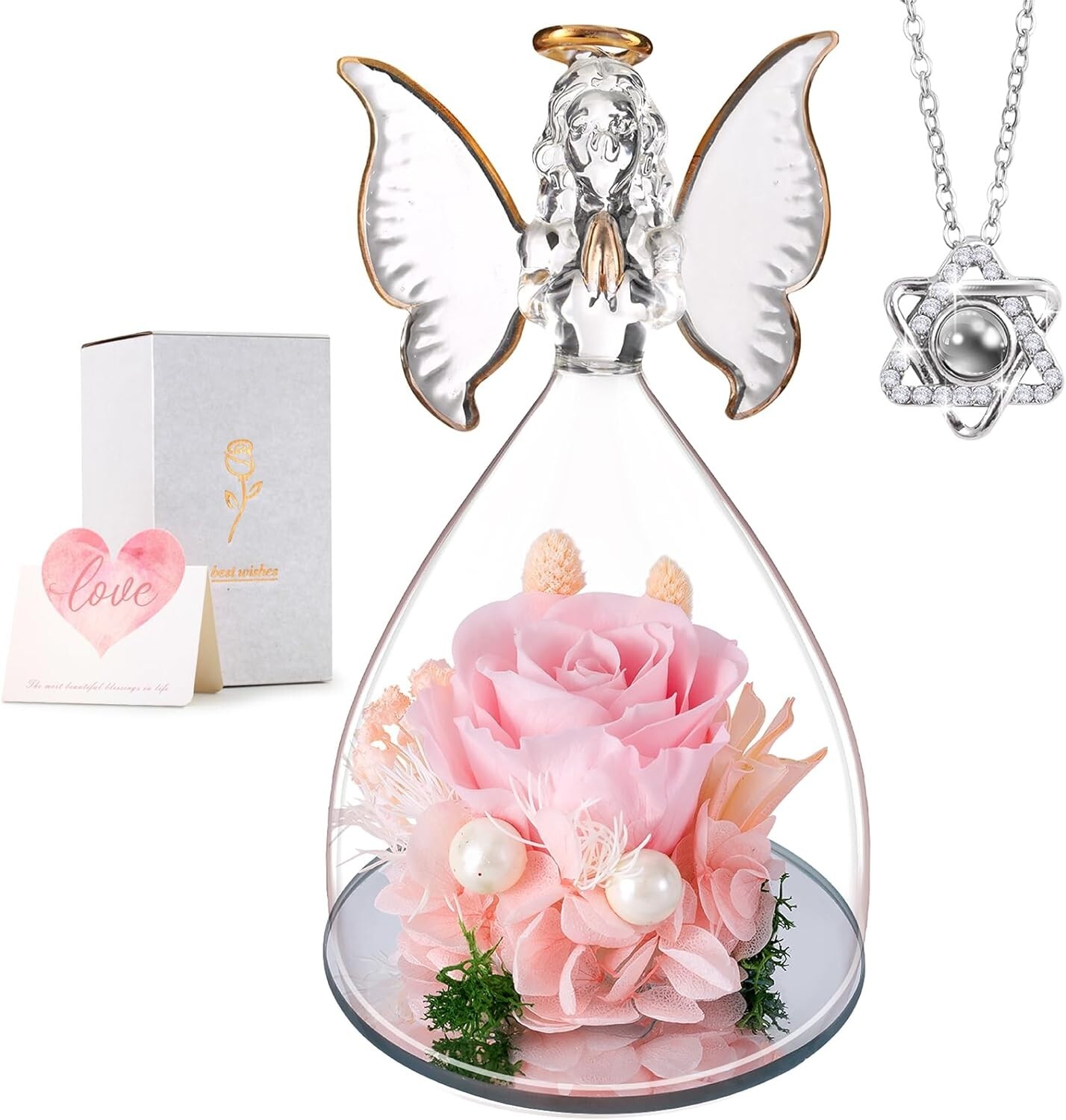 Preserved Flower Rose in Glass Angel Figurines Valentines Day Gifts for Mom NEW