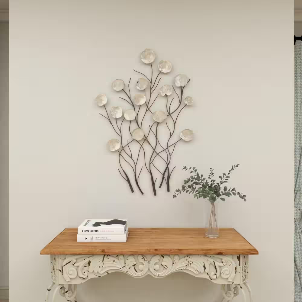 24 In. X 36 In. Capiz Shell White Floral Wall Decor with Capiz Accents