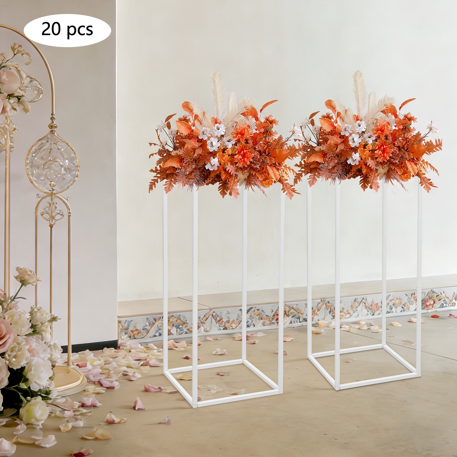 20Pcs Gold White Wedding Flower Stands, Rectangular Floral Table Decorations