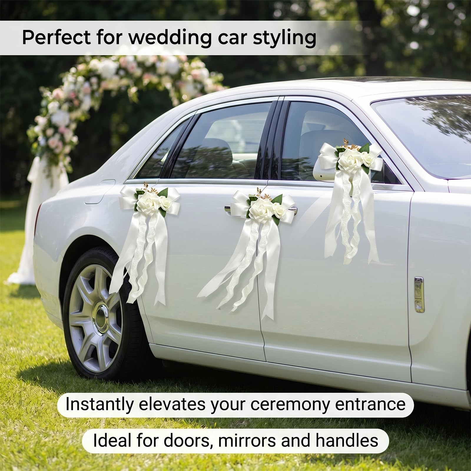 4 PCS Elegant White Artificial Flower Bow Set, Car Decoration for Wedding Doo…