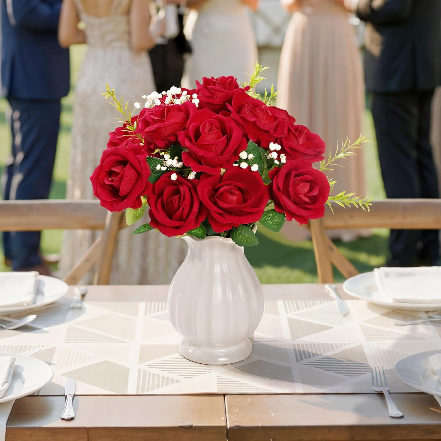 Classic Red Artificial Roses Flowers, Faux Long Stem Silk Roses Bulky for DIY We