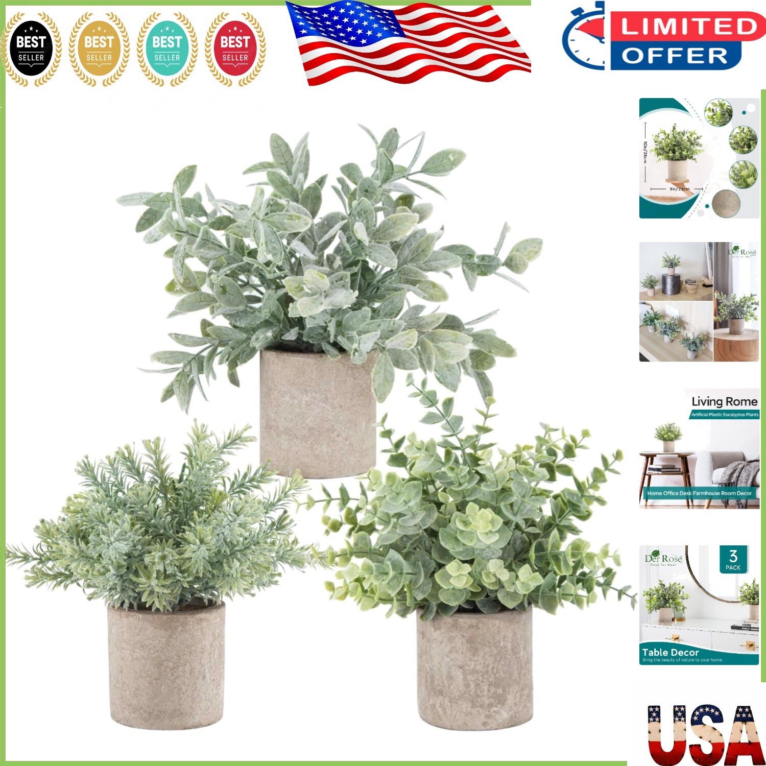 Set of 3 Lifelike Mini Eucalyptus Plants – Perfect for Office and Home Decor