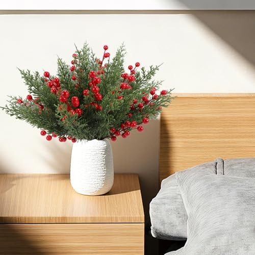 Artificial Christmas Pine Branches with Red Berry Stems-Set of 45 Greenery