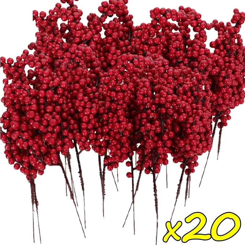 50/1Branch Christmas Artificial Berries Stem Red Holly Berry Fake Flowers Plant