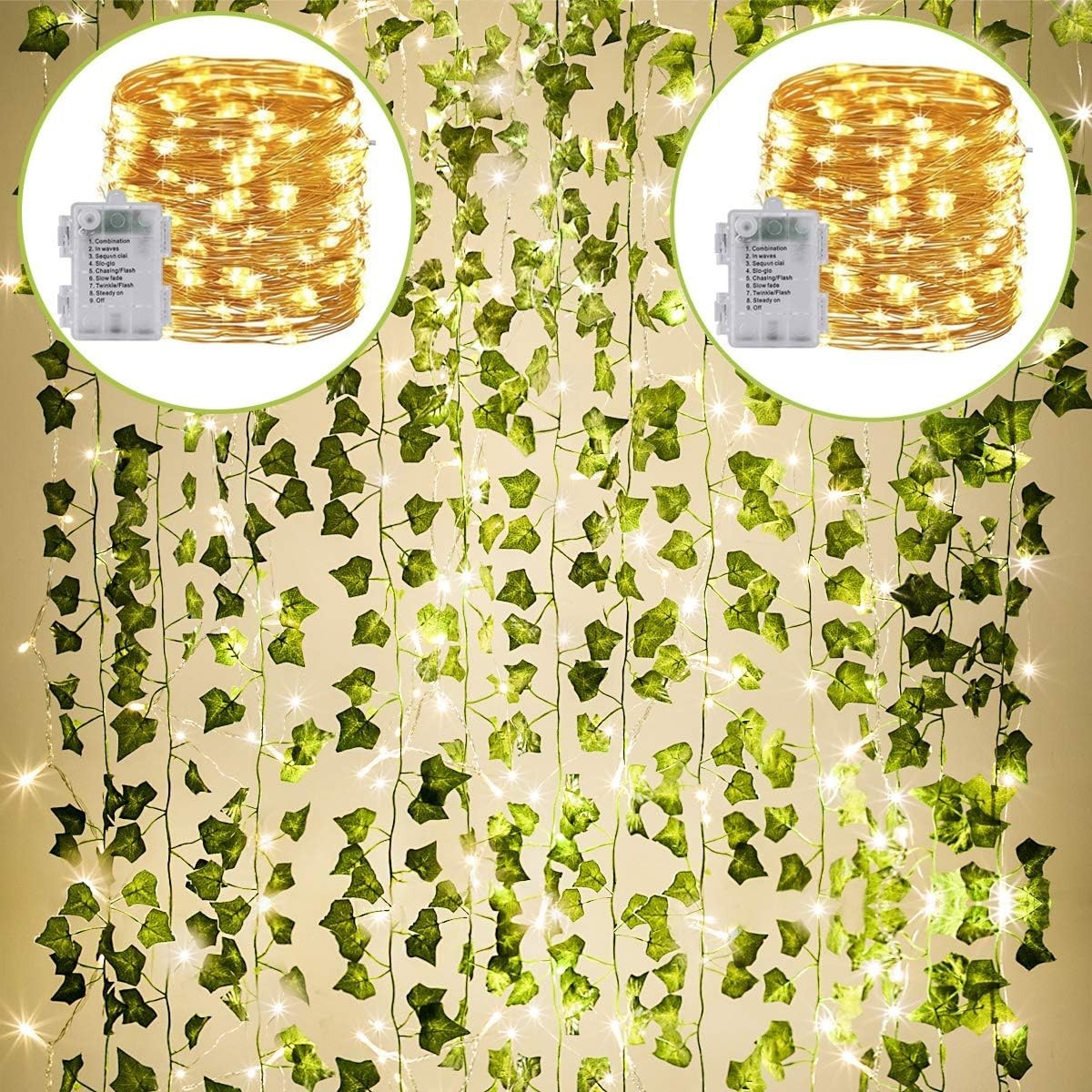 Outdoor Waterproof Ivy Garland 82-Inch with 160 Warm White LED Lights – 24 Pack
