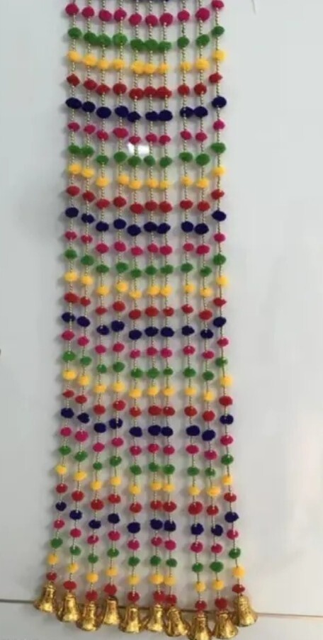 10 Pieces multiple strings adorned with colorful pompoms and small golden bells